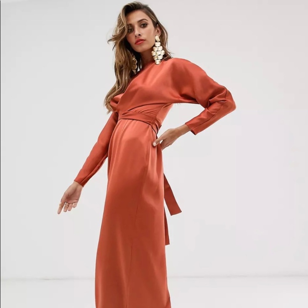 ASOS Design satin maxi dress with batwing sleeve and wrap waist
